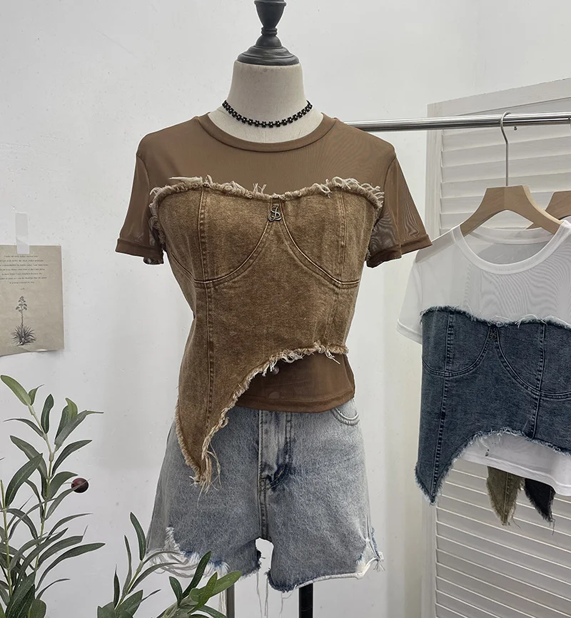 Brownm Solid Shooting Denim Splicing Mesh Yarn Short-Sleeved T-Shirt Summer Dress Irregularly Short High-Waist Repair Body Coat 26171
