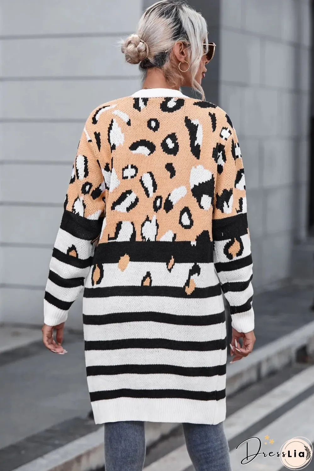 Brown Leopard Striped Mixed Print Open Front Cardigan