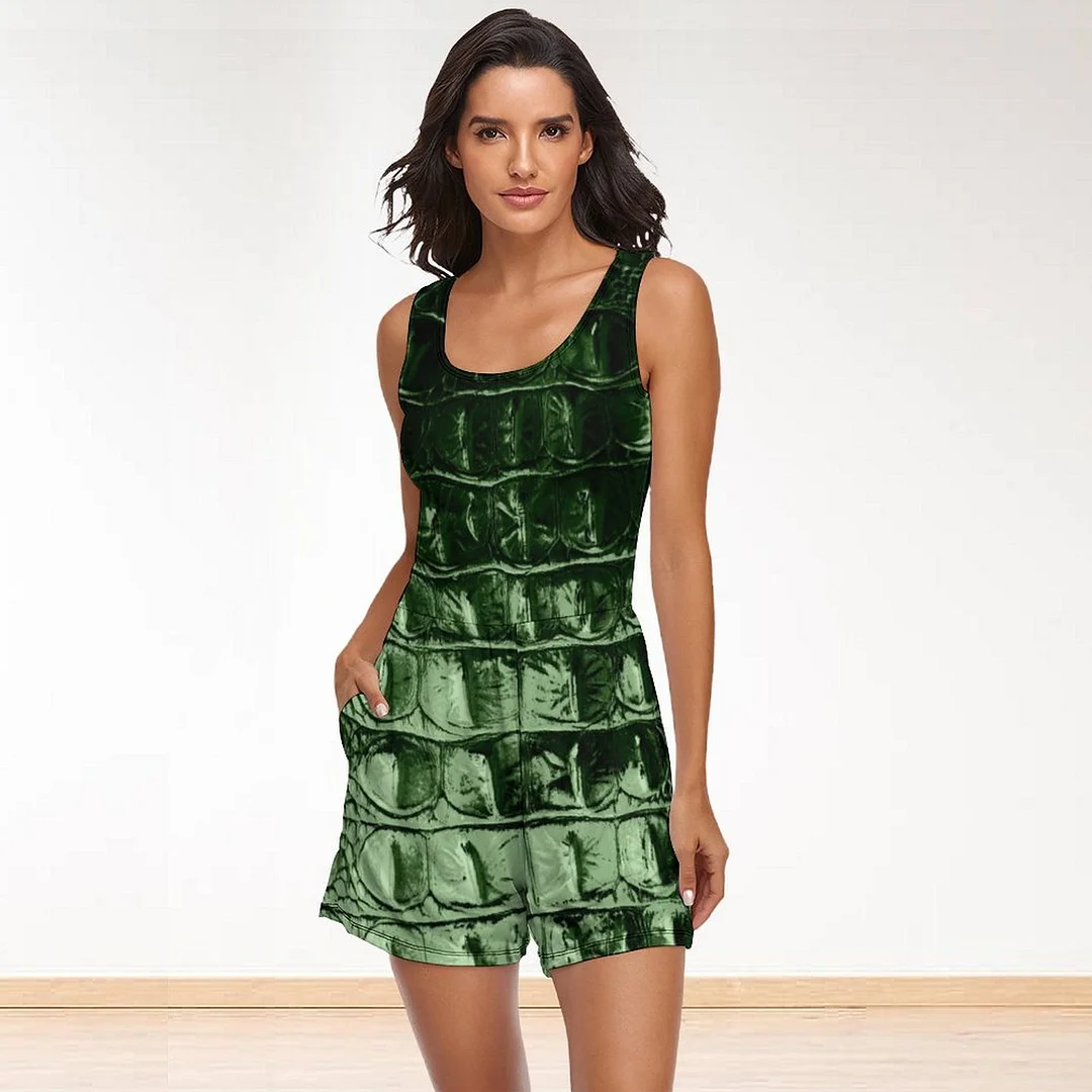 Vintage Hornback Alligator Leather Pine Green Women Soft Sleeveless Retro Print Scoop neck Loose Tank Romper Short Jumpsuit