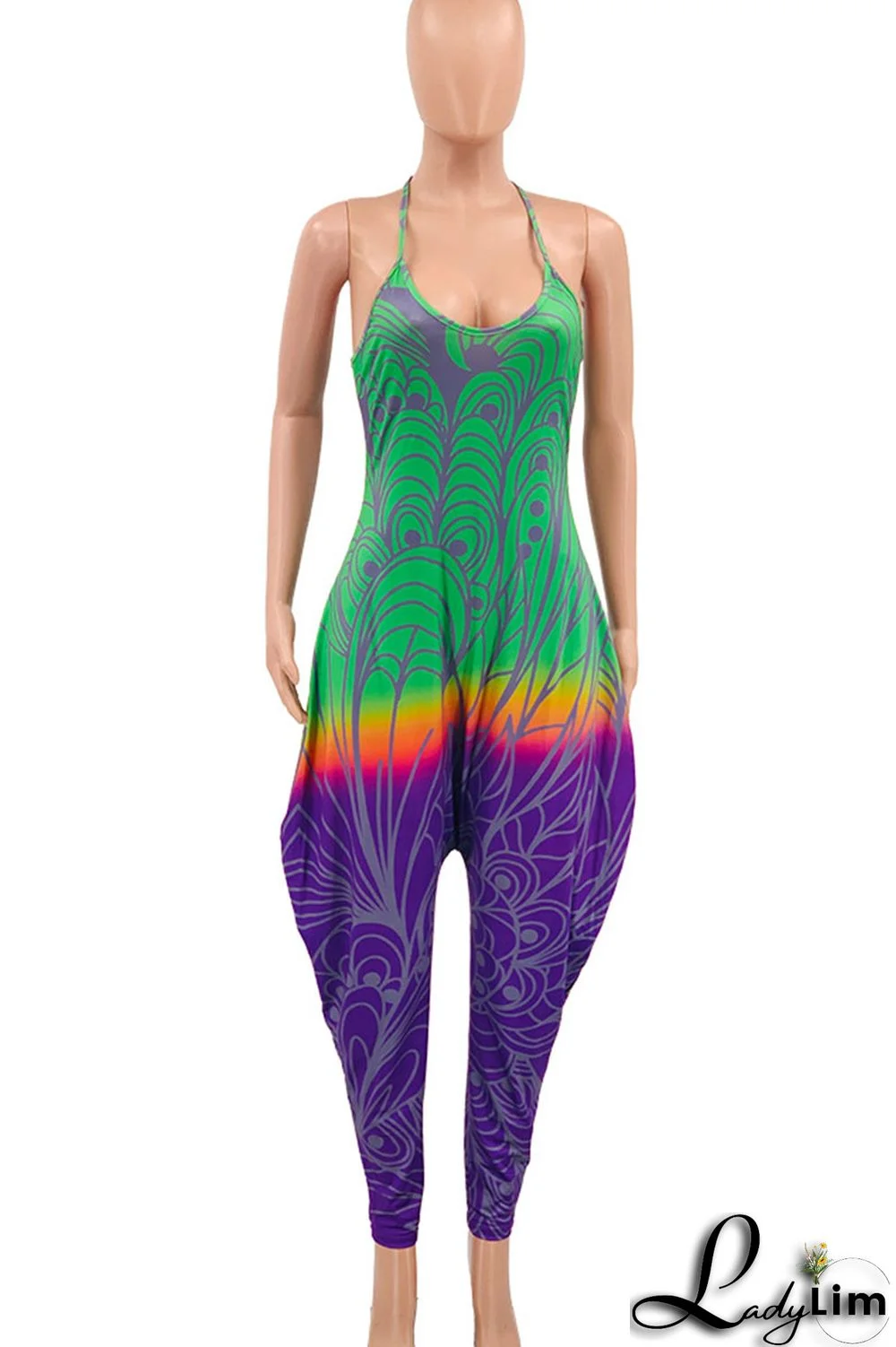 Green Casual Gradual Change Print Patchwork Spaghetti Strap Harlan Jumpsuits