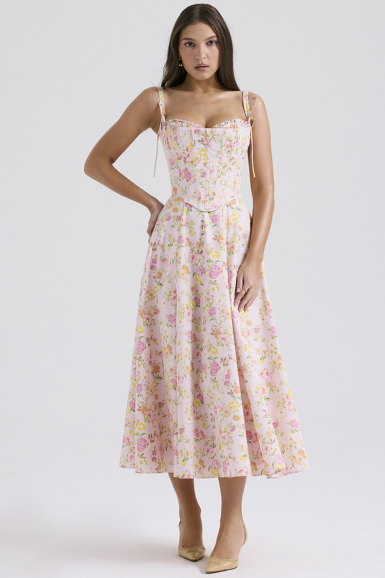 Floral Print Cami Corset A-Line Midi Dresses-Pink [Pre Order]