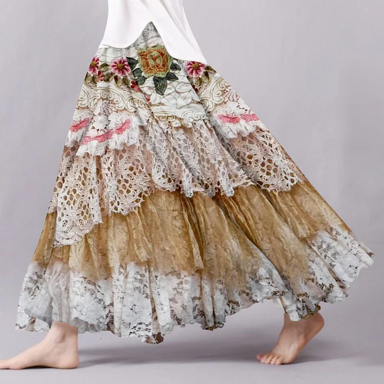 Vintage Boho Lace Flower Embroidery Flowy Wide Skirt