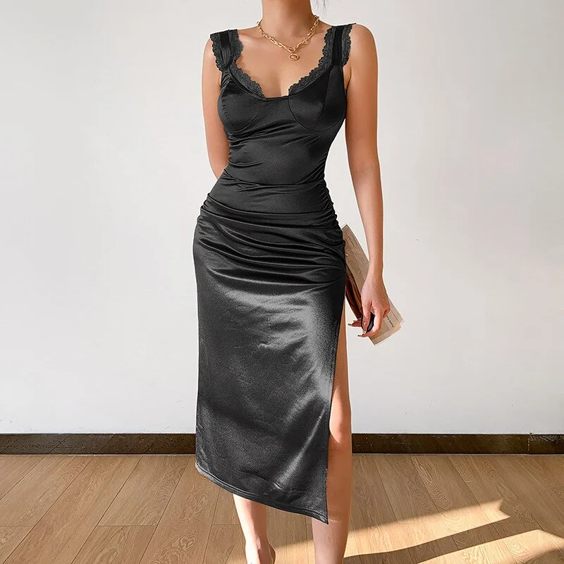 Lace Straps Draped Slit Maxi Dress Solid 2023 Fall Bodycon Slim  Evening Party Streetwear Elegant Vestido