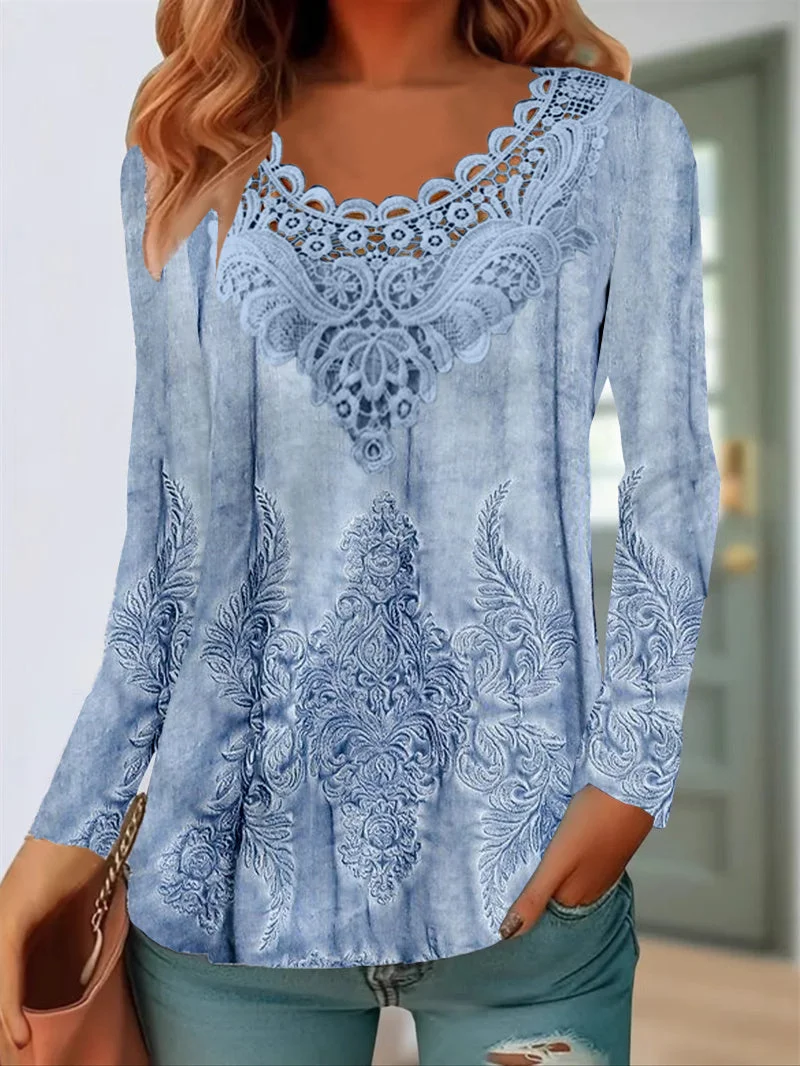 Women Long Sleeve Scoop Neck Floral Printed Graphic Lace Tops