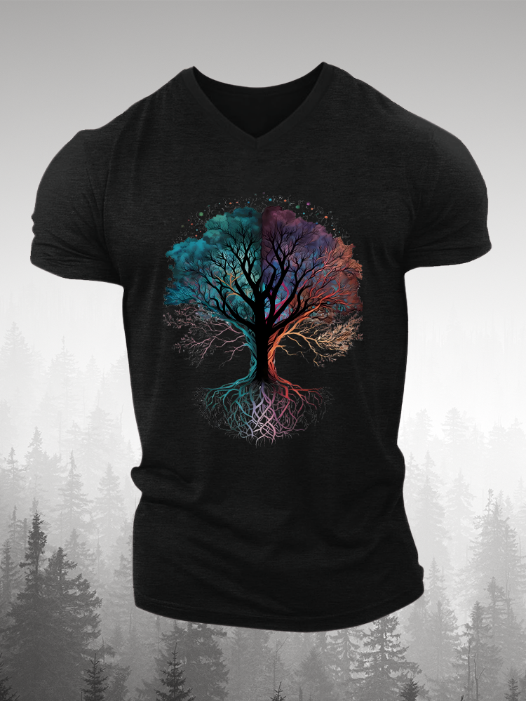 Watercolour Tree Of Life Printed Short Sleeve V-neck T-shirt