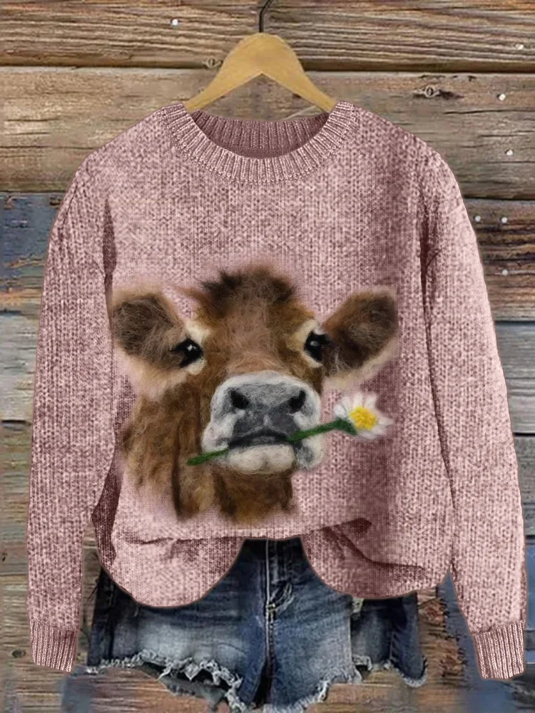 Fuzzy Cow with Daisy Felt Cozy Knit Sweater