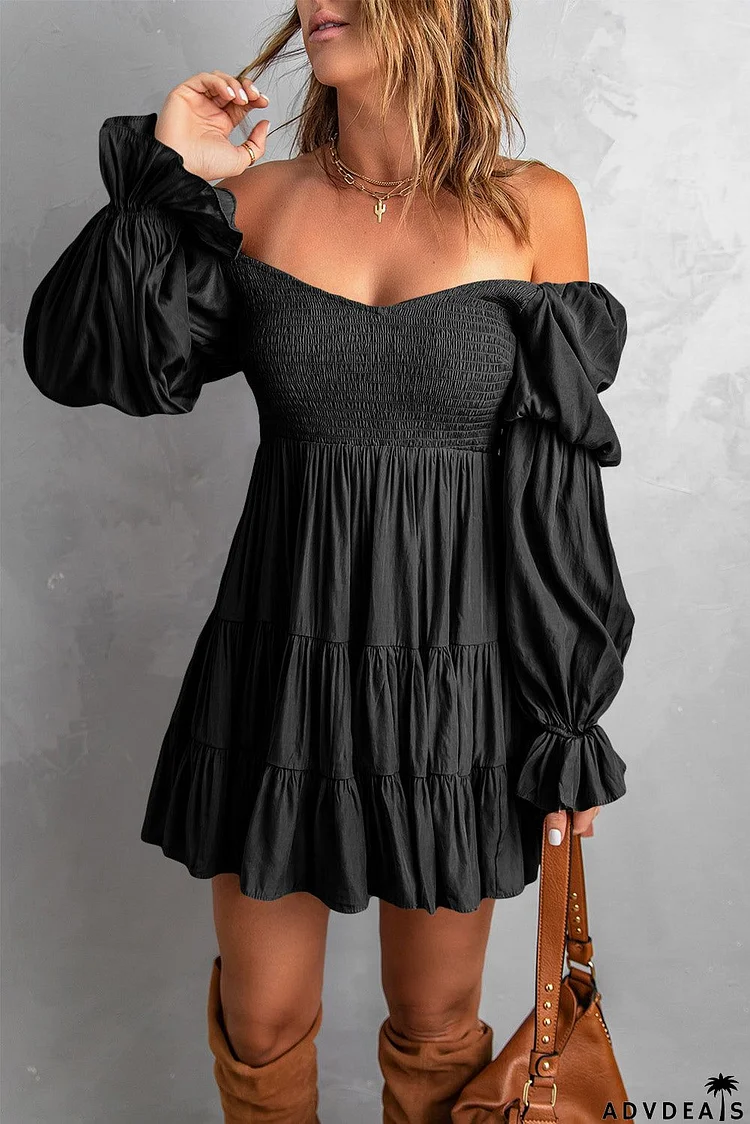 Black Shirred Ruffle Mini Dress