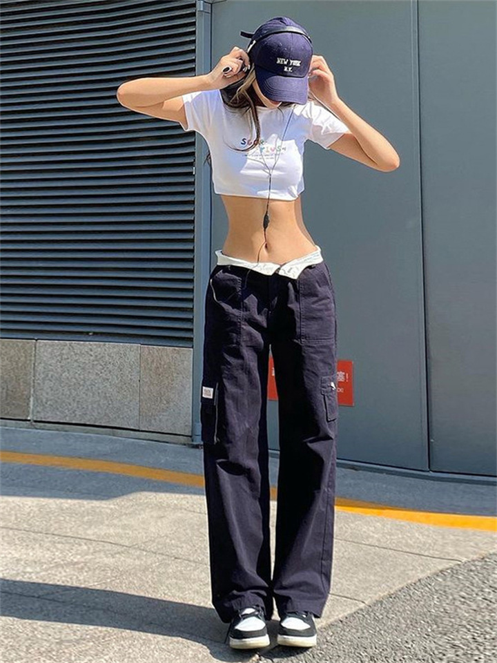 Women's New Fashion Trend Personality Street Hipster High-waisted Multi-pocket Solid Color Straight Wide Leg Slim Versatile Casual Pants Pants