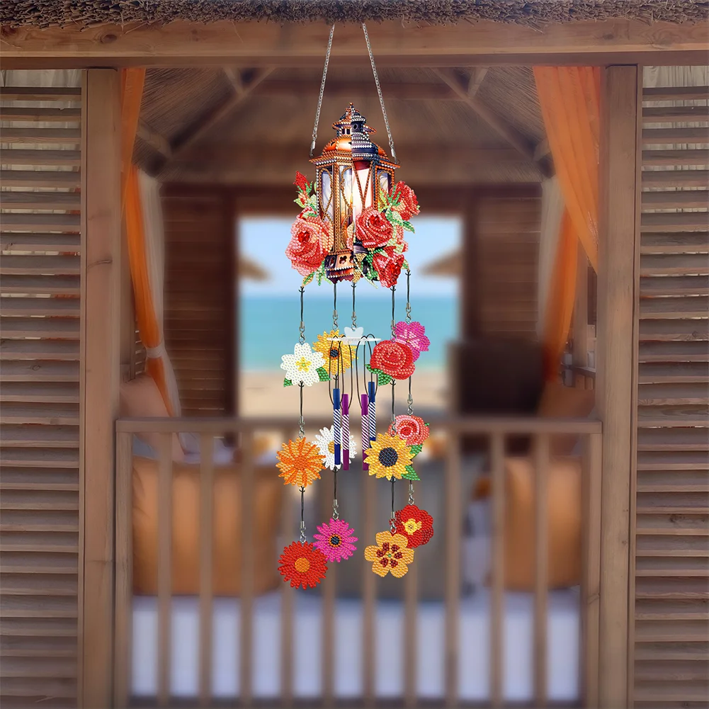 DIY Rose Lantern Double Side Wind Chime Diamond Art Hanging Pendant for Home Decor