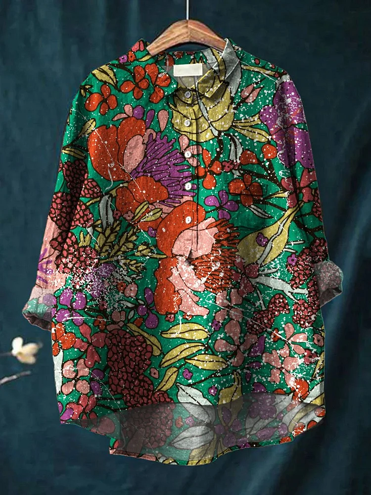 Womens Vintage Delicious Fruits Art Print Casual Cotton And Linen Shirt