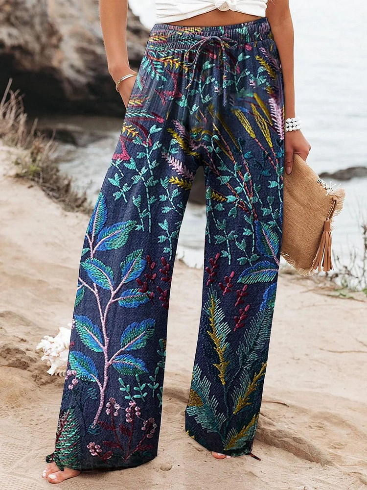 Women's  Floral  Art Printed Cotton And Linen Casual Pants