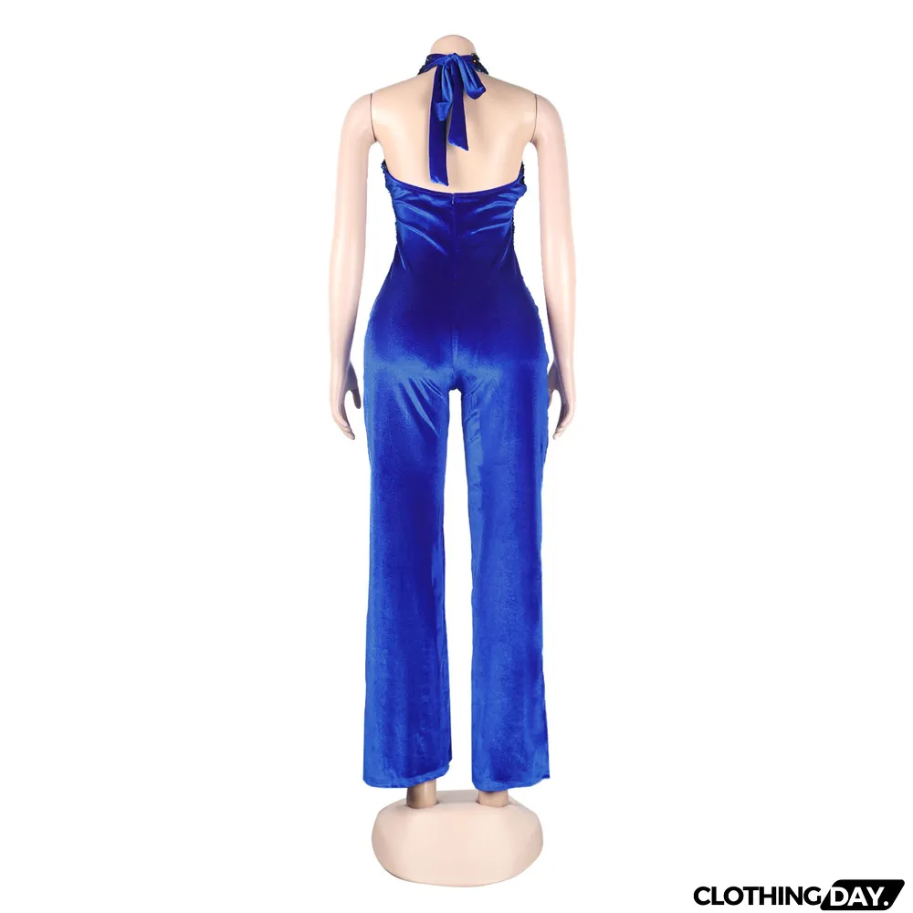 Sexy Sequins Halter Neck Lace-Up Jumpsuit Clubwear