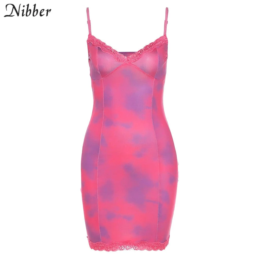 NIBBER Colorful Lace Edge Sexy Red Tight Dress Woman Sling V-neck high waist bag hip Mini sleeveless Dress 2021 new Summer