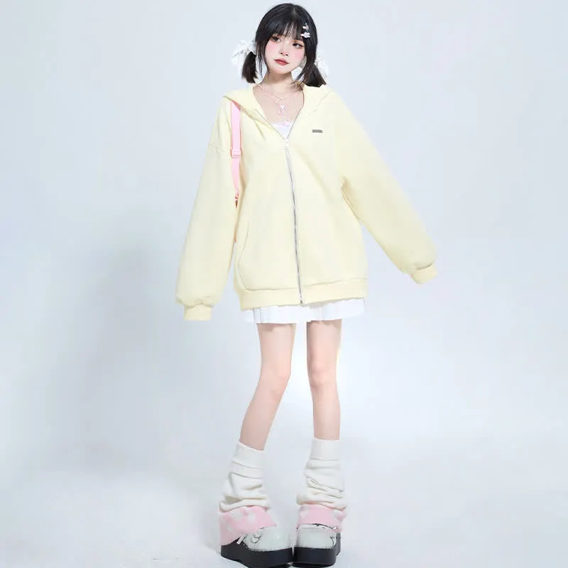 Long Bunny Ears Pocket Oversize Zipper Hooded Sweatshirt