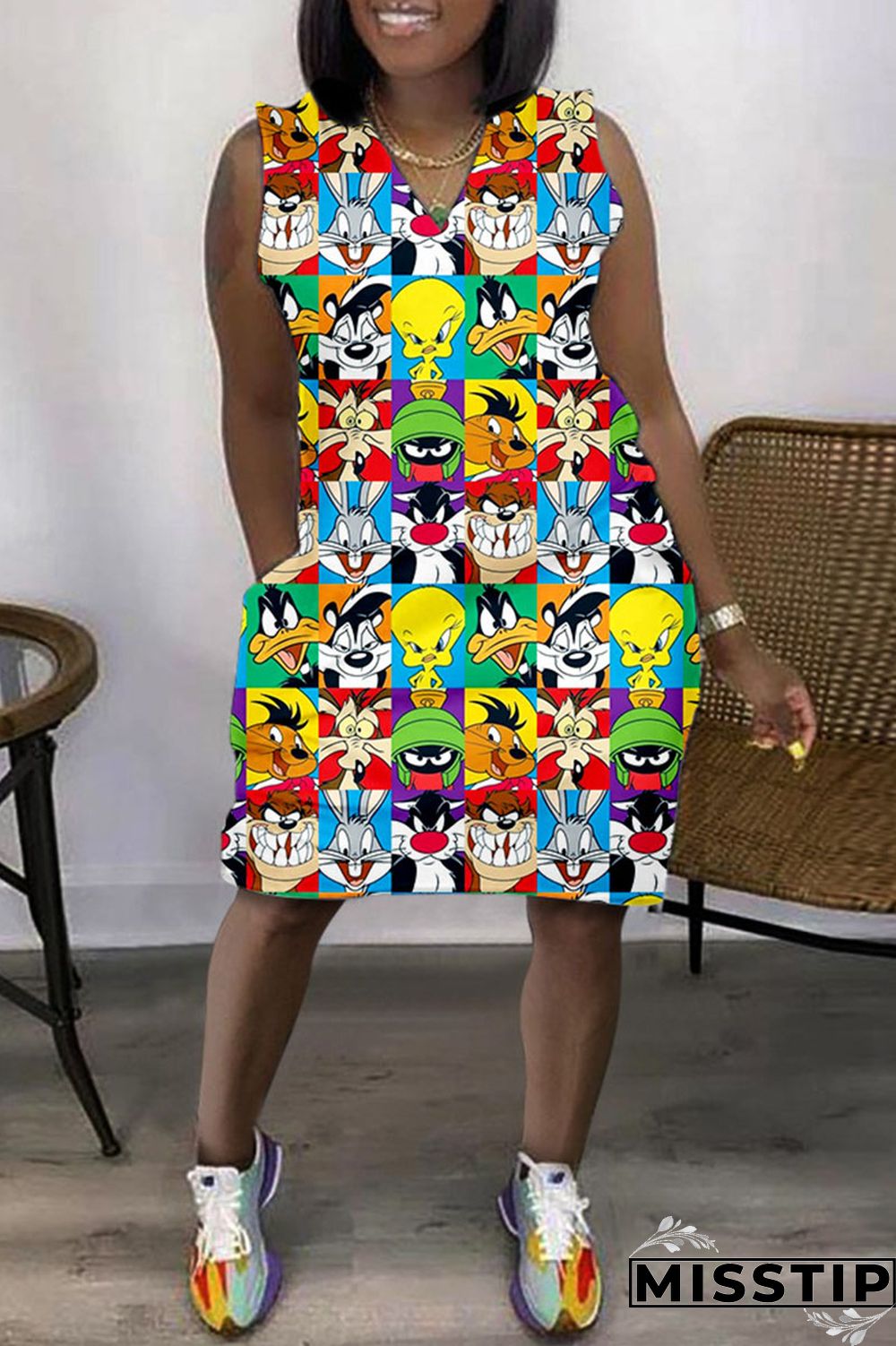 Black Apricot Casual Print Basic V Neck Sleeveless Dress Dresses