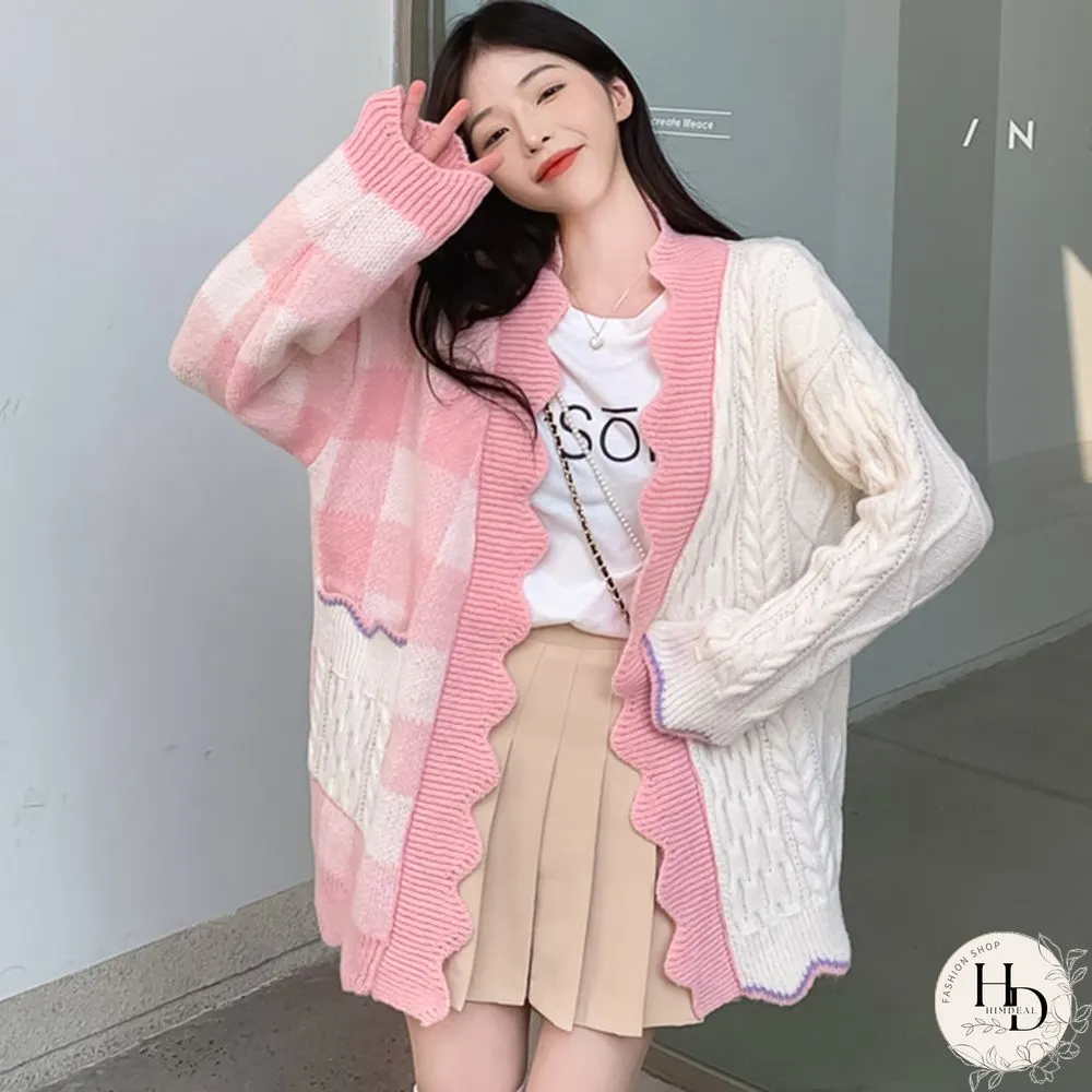 Lattice Print Colorblock Pocket Loose Cardigan Sweater