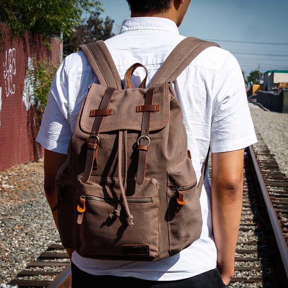 Vintage Canvas Backpack for Men Leather Rucksack Knapsack 15 inch Laptop Tote Satchel School Military Army Shoulder Rucksack Hiking Bag