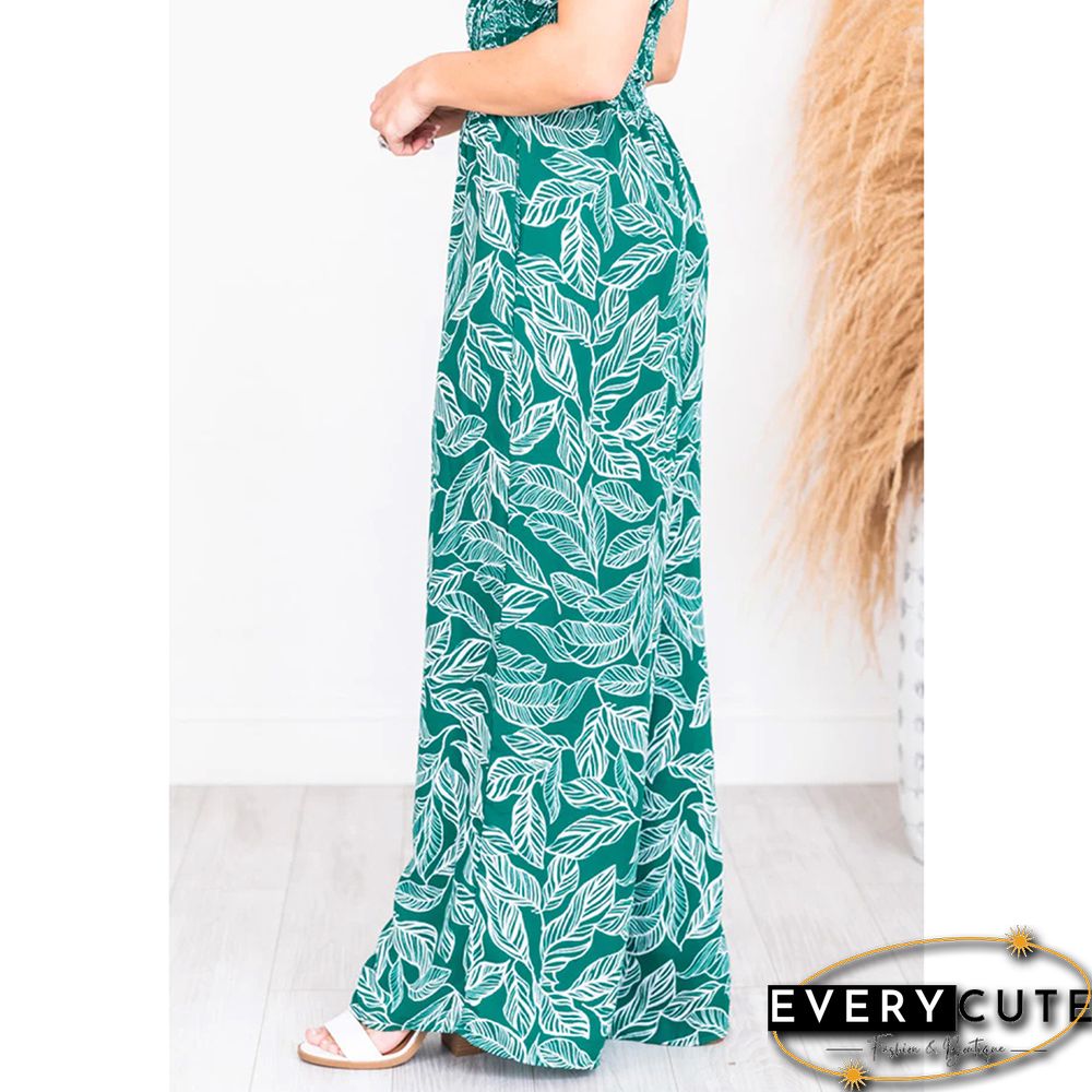 Green Leaf Print Crop Top with Wide Leg Pant Set