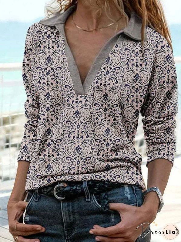 T-Shirts Printed V-Neck Long Sleeve Casual T-Shirt for Women