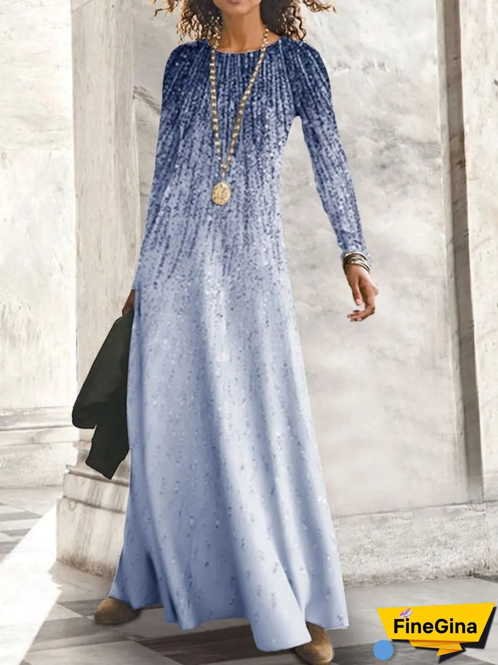 Women Long Sleeve Scoop Neck Printed Maxi Dress
