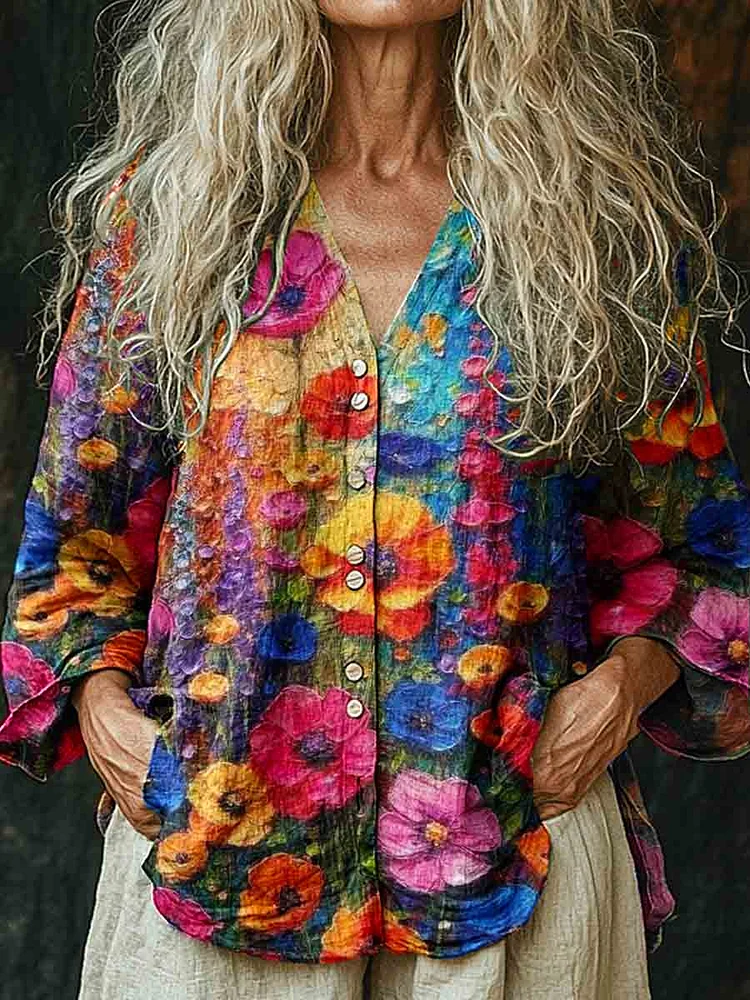 Women's  Floral Print Casual Long Sleeve Comfortable Cotton and Linen Shirt