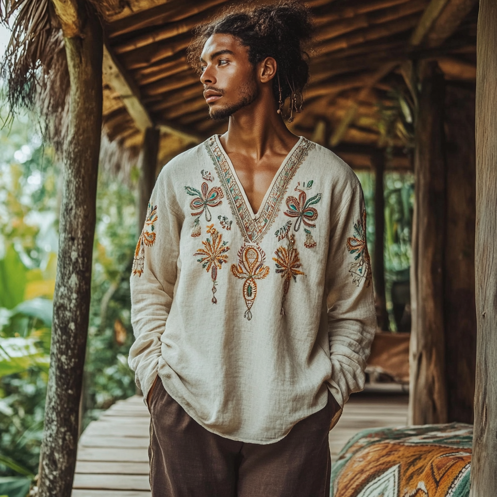 Men's Retro Vacation Embroidery African Ethnic Geometric Art Print Linen T-shirt