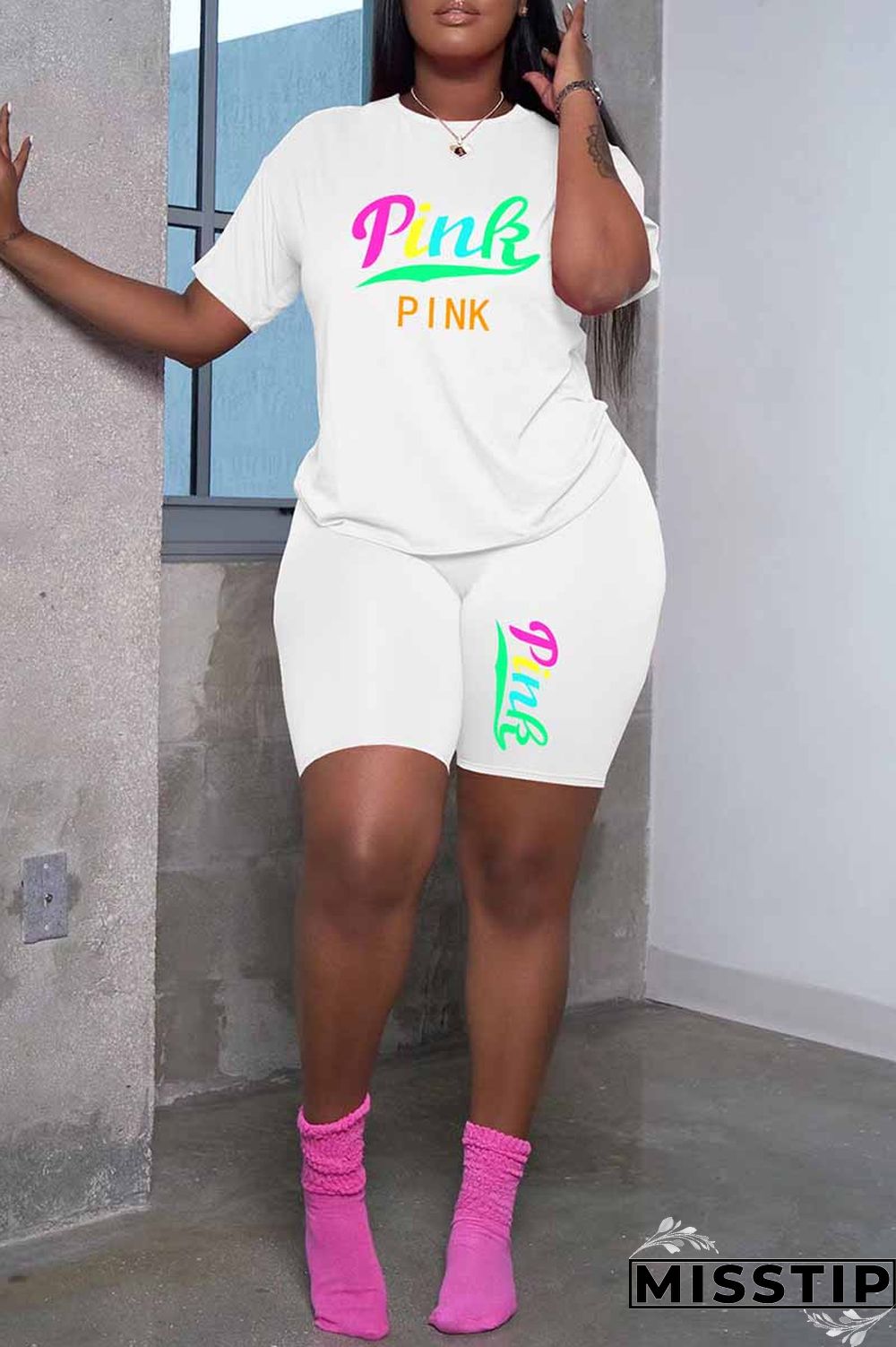 Grey Casual Print Letter O Neck Short Sleeve Two Pieces