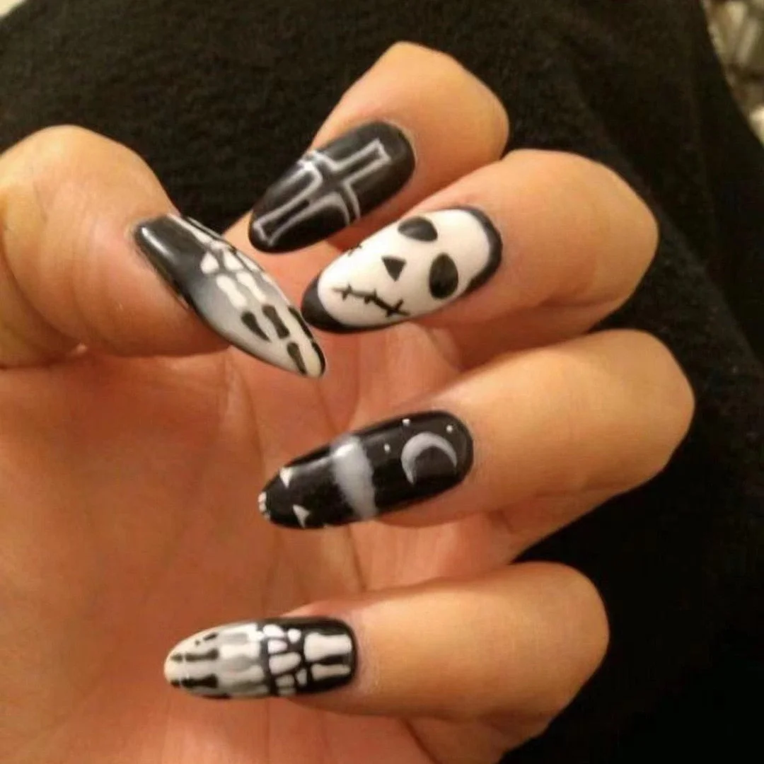 Almond Press On Nails Halloween Black Ghost Design Fake Nail Pumpkin Castle Pattern Glossy 24pcs/set Fashion False Nail Tips