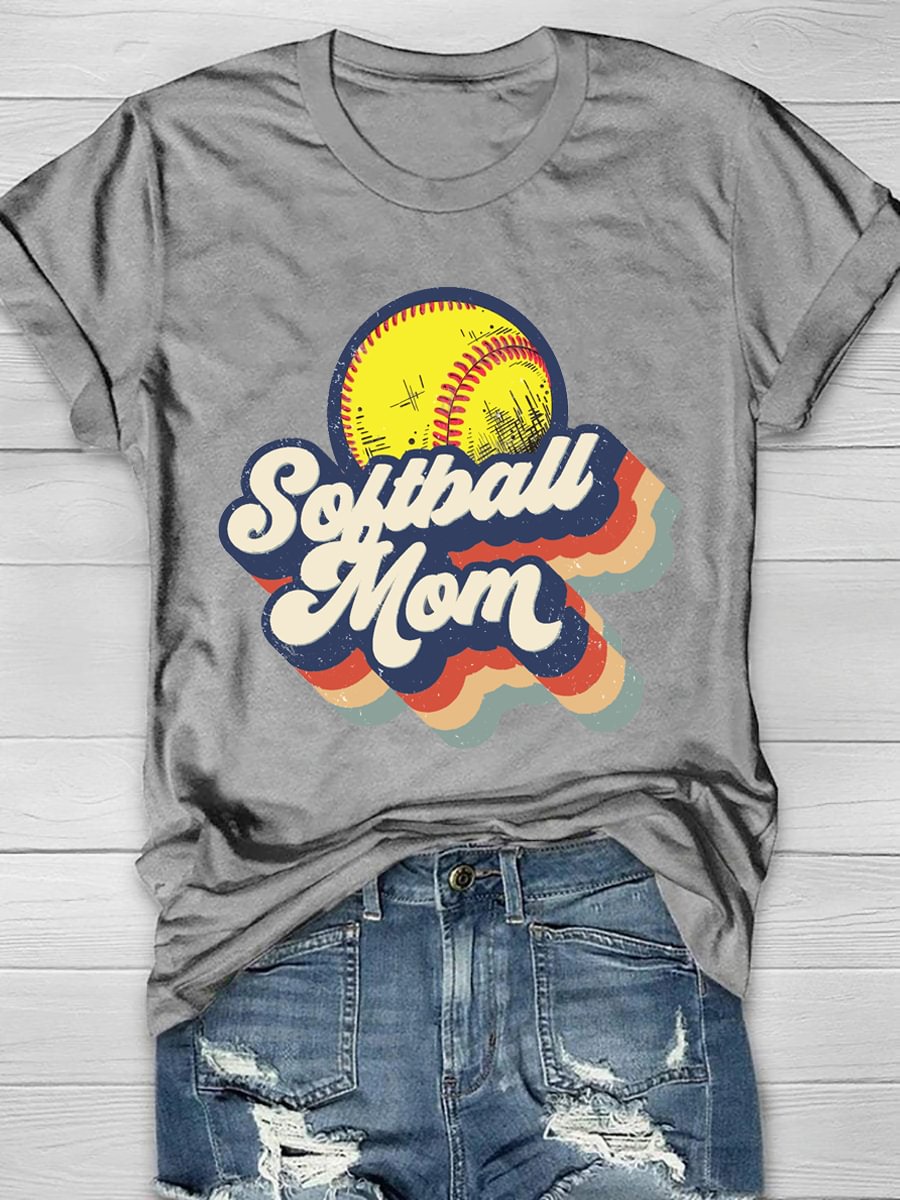 Retro Softball Mom Print Short Sleeve T-Shirt
