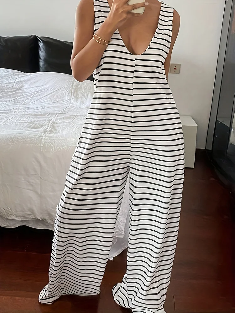 Y2k Striped Print Jumpsuit - White & Black Wide Leg Romper With Strappy Back, Pocket, And Belt Detail, Perfect For Adult Fashion, Casual Attire | Striped Romper | Strappy Back Detail