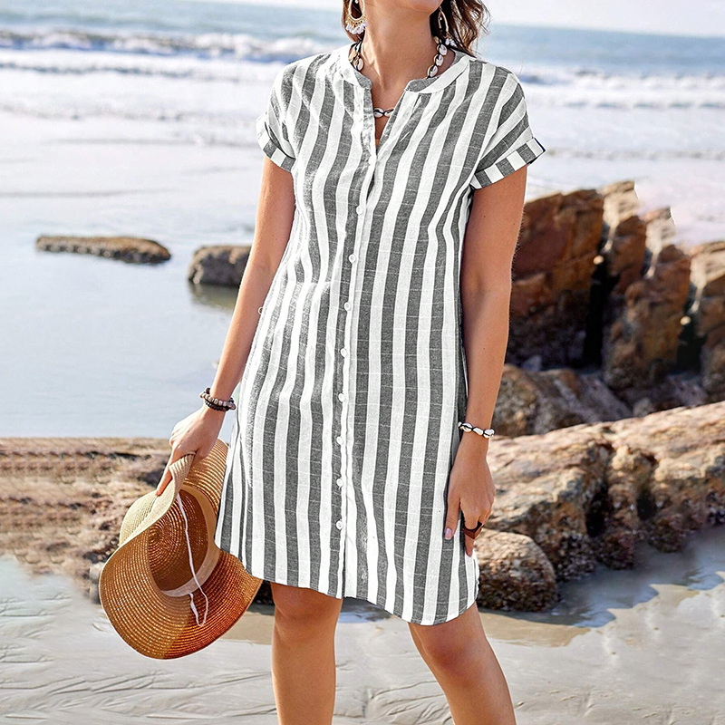 Comstylish Women's Striped Print V-neck Short Sleeve Midi Shirt Dress