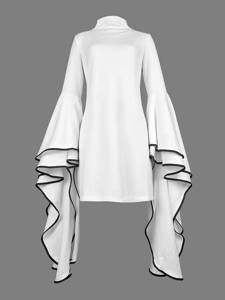 Women's Elegant Dress Flared Pleated Belted Long Sleeve Stand Collar