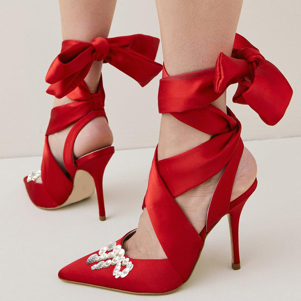 Chic Red Satin Pointed Toe Pearl Bow Decorated Lace Up Pumps Heels Nicepairs