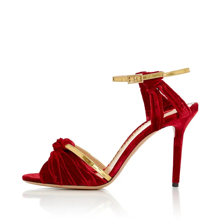 Red Velvet and Gold Metallic Ankle Strap Knotted High Heels Sandals |FSJ Shoes