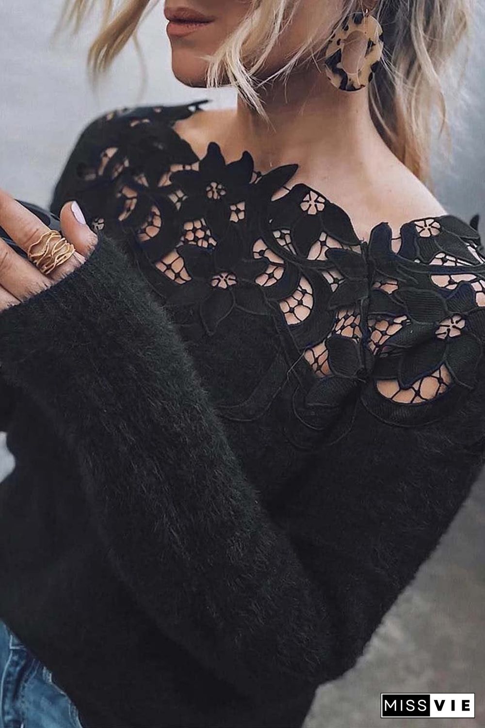 Lace Patchwork Black Sweater