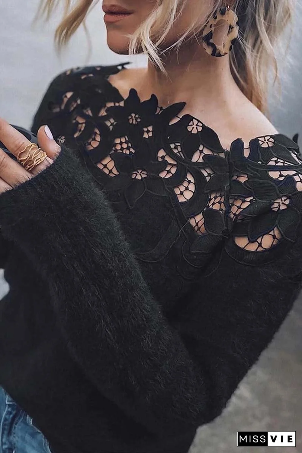 Lace Patchwork Black Sweater