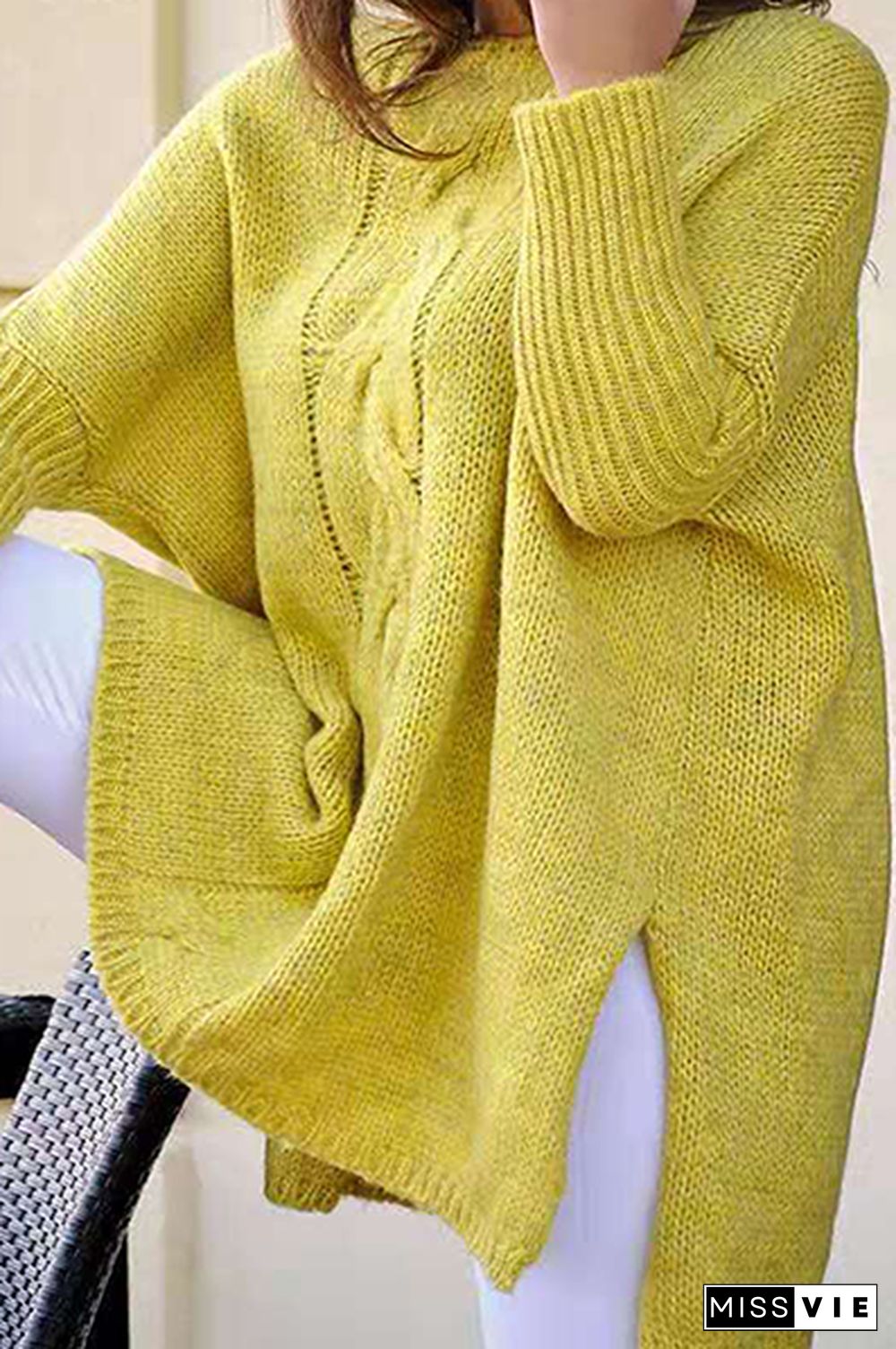 Casual Solid Slit O Neck Tops Sweater