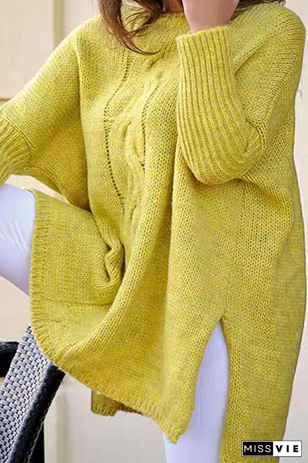 Casual Solid Slit O Neck Tops Sweater