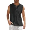 Men's Casual Lace-Up Neck Chest Pocket Sleeveless Vest Tank Top by Inlyline