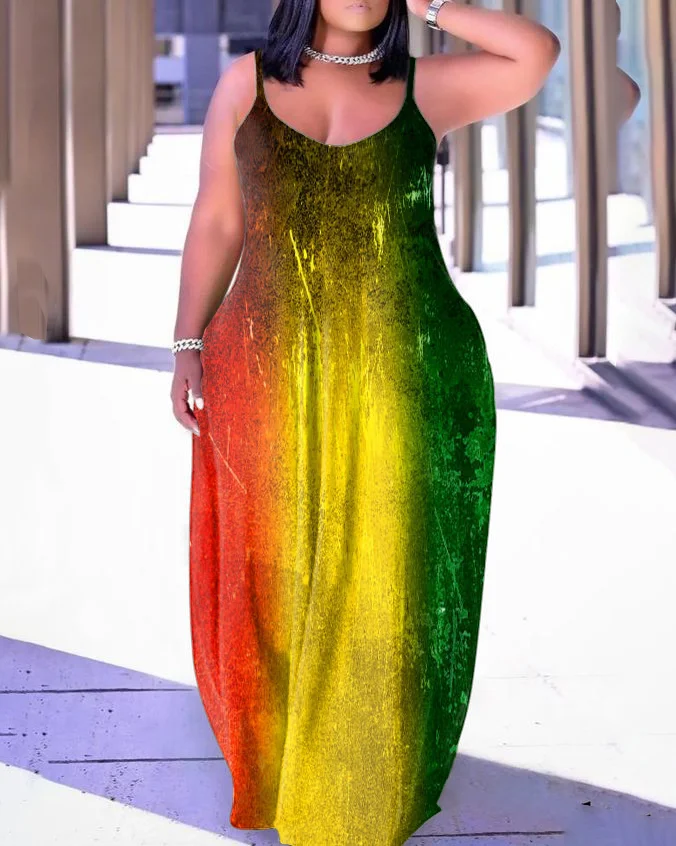 Sling Retro Reggae Colorblock Women Pocket Dress