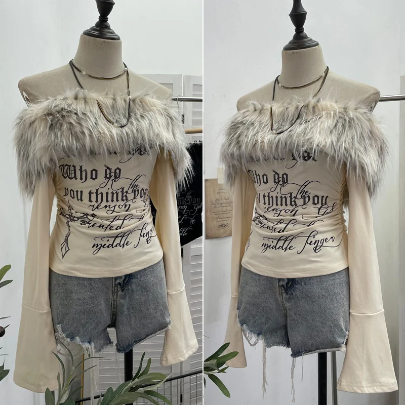 Nigikala Nigikala Shot Hair Collar Print Shoulder Horn Long-Sleeved T-Shirt Repair Short Picties Shoulder Grinding Top 1368