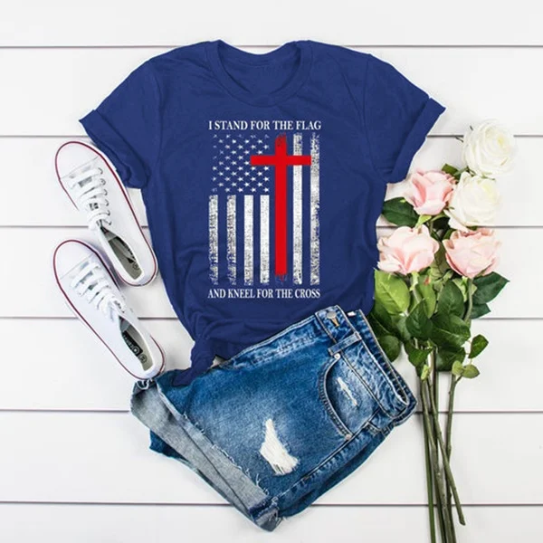 I STAND FOR THE FLAG AND KNEEL FOR THE CROSS T Shirts Patriotic T-shirt Women Fshion Cross Graphic Tee Jesus T Shirts Christ T Shirts American Flag Tee