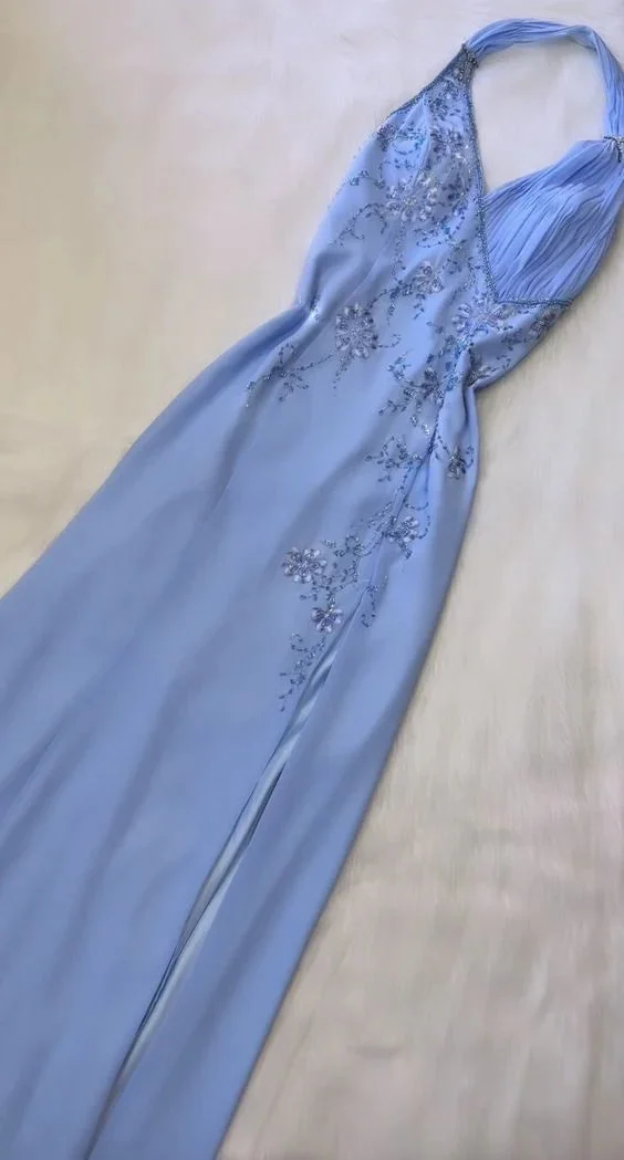 Blue Fashion Suspenders Exquisite Beading Beautiful Open Back Slit Chiffon Ball Gown Long Evening Dress