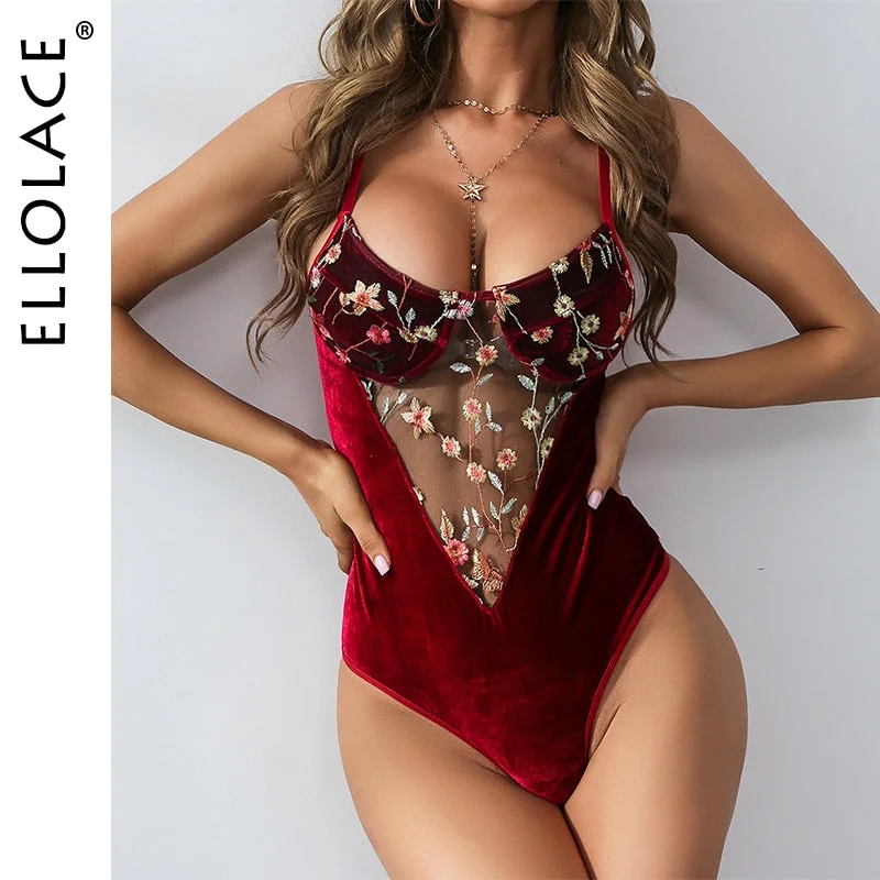 Ellolace Velvet Bodysuit Women Floral Embroidery Overalls for Women Lace Patchwork Bodys Sexy Lace Bodysuit Dropshipping