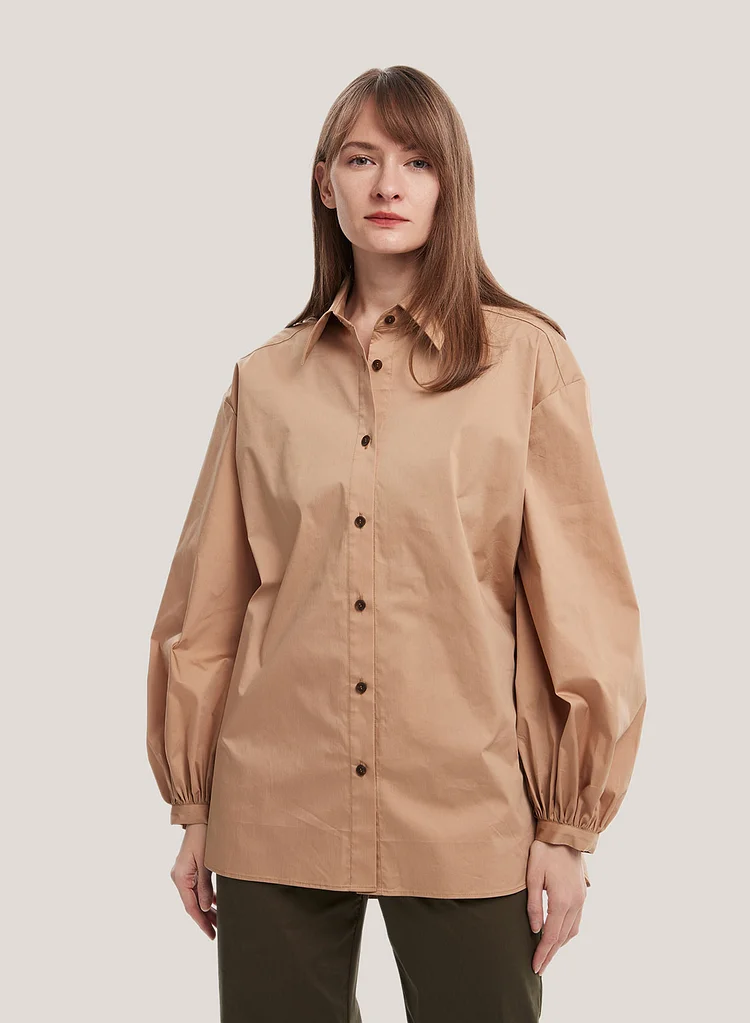 Blouson-Sleeve Buttoned Cotton Shirt
