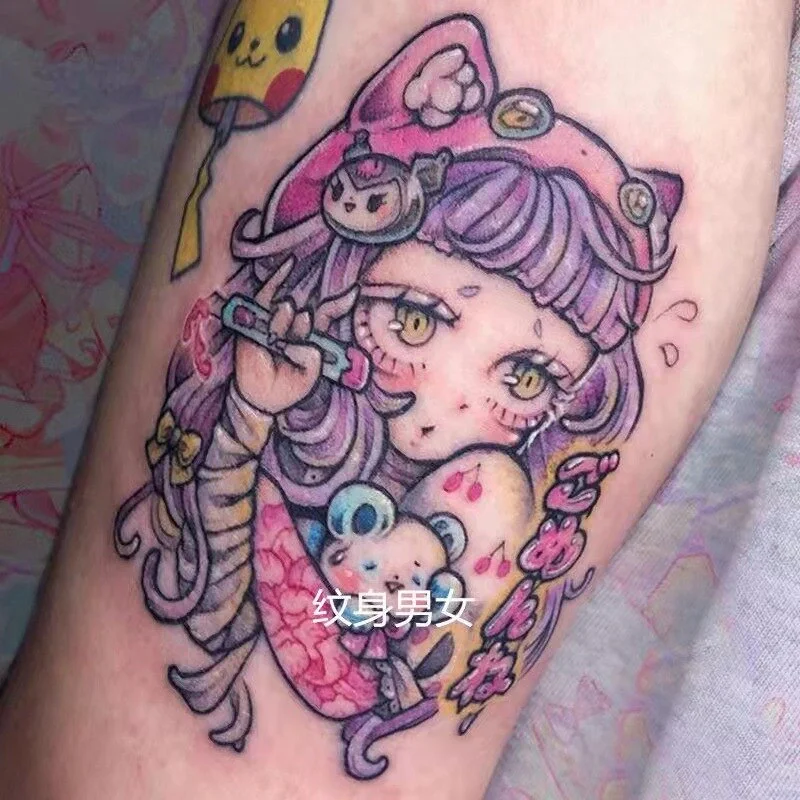 Sdrawing Temporary Tattoo Sticker Anime Cartoon Cute Pink Hair Girl Flower Necklace Fake Tatto Flash Tatoo Art for Women Men