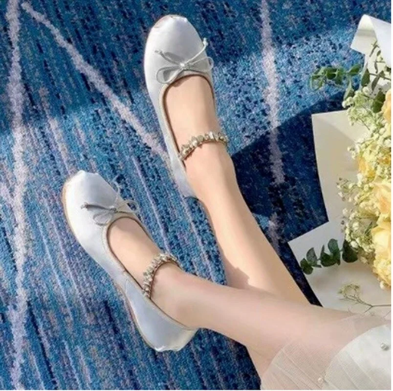 Qengg Flat Shoes French Retro Temperament Bow Flat Shoes Women's 2022 Summer New Diamond Belt Ballet Mary Jane Shoes