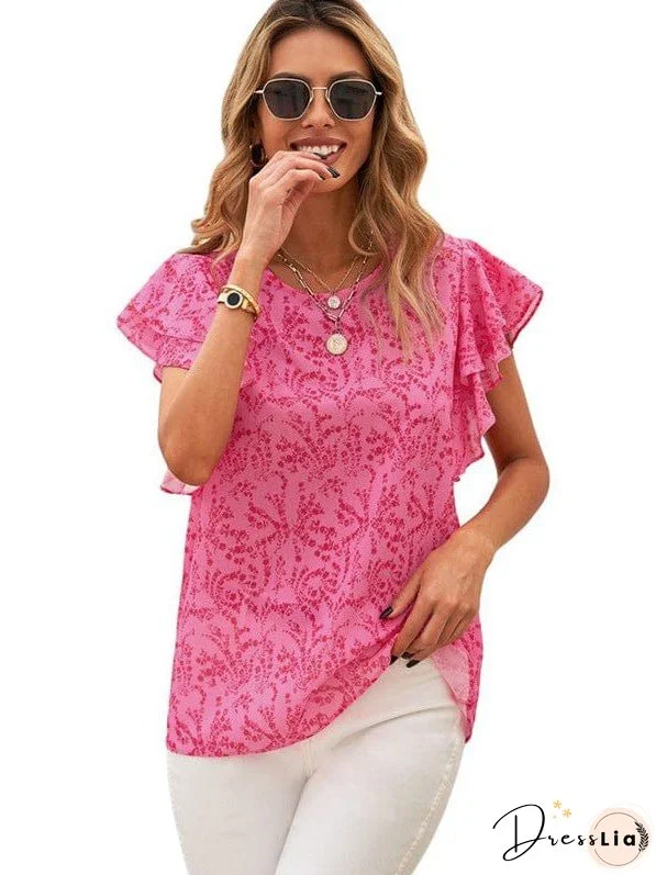 Feifei Floral Chiffon Printed Round Neck Shirt For Women