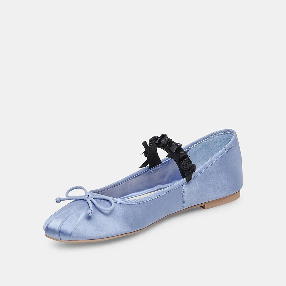 Satin Square Toe Strap Shoes Bow & Floral Ballet Flats in Light Blue Nicepairs