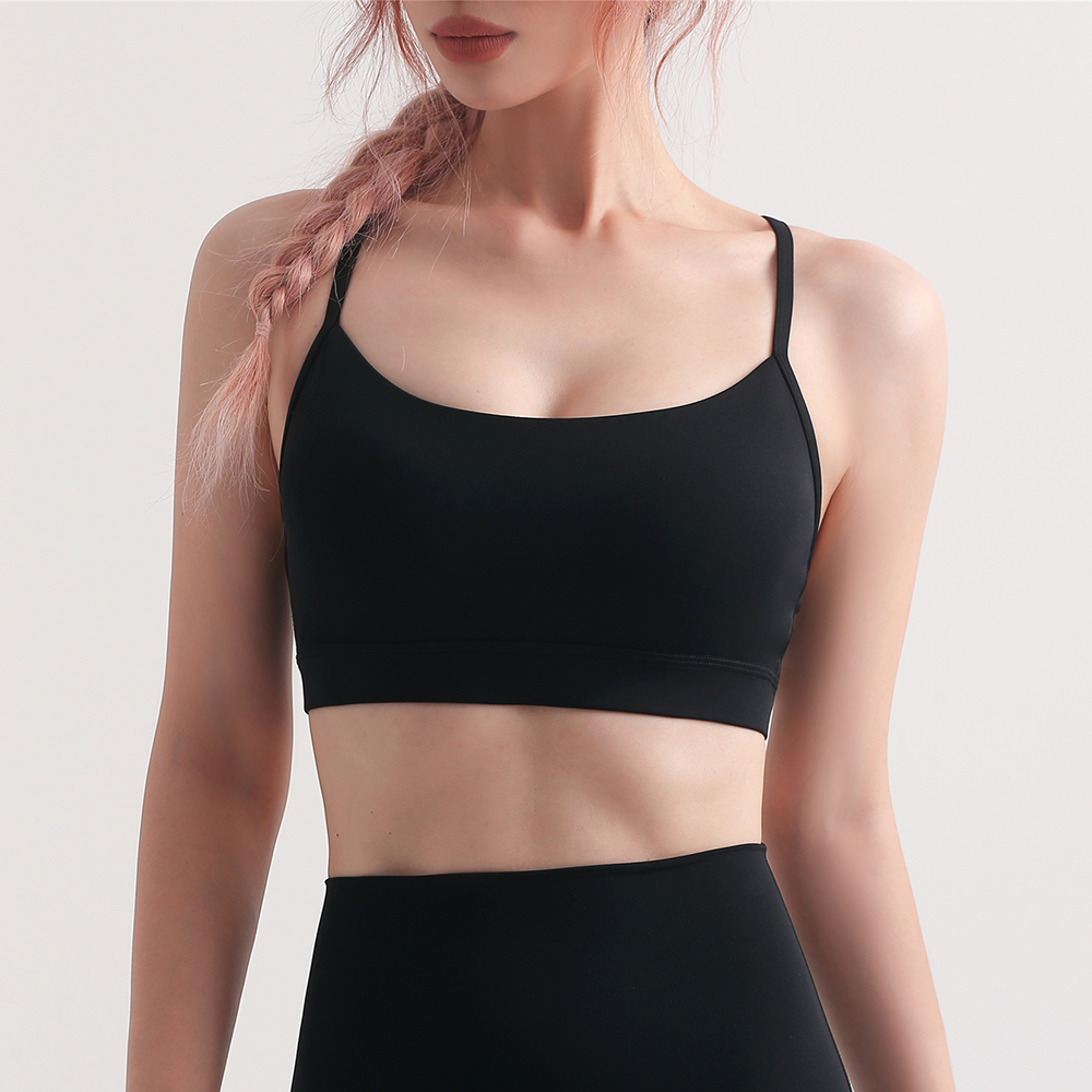 Shop Black women's naked feel skin friendly u neck traceless buckle padded light support sports bra with thin straps online on Hergymclothing